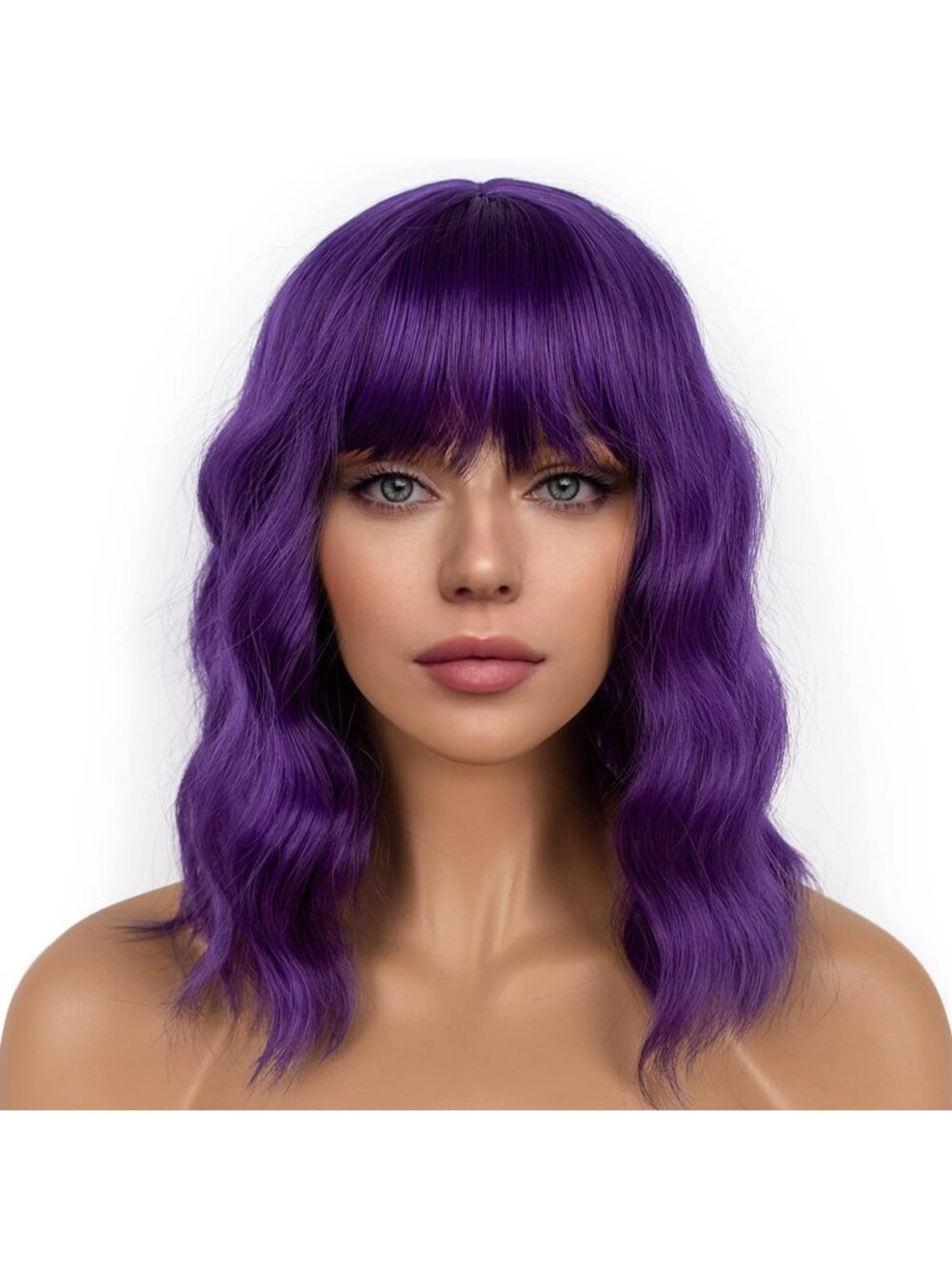 Women's Green Shoulder Length Synthetic Loose Wavy Short Bob Wigs Bangs